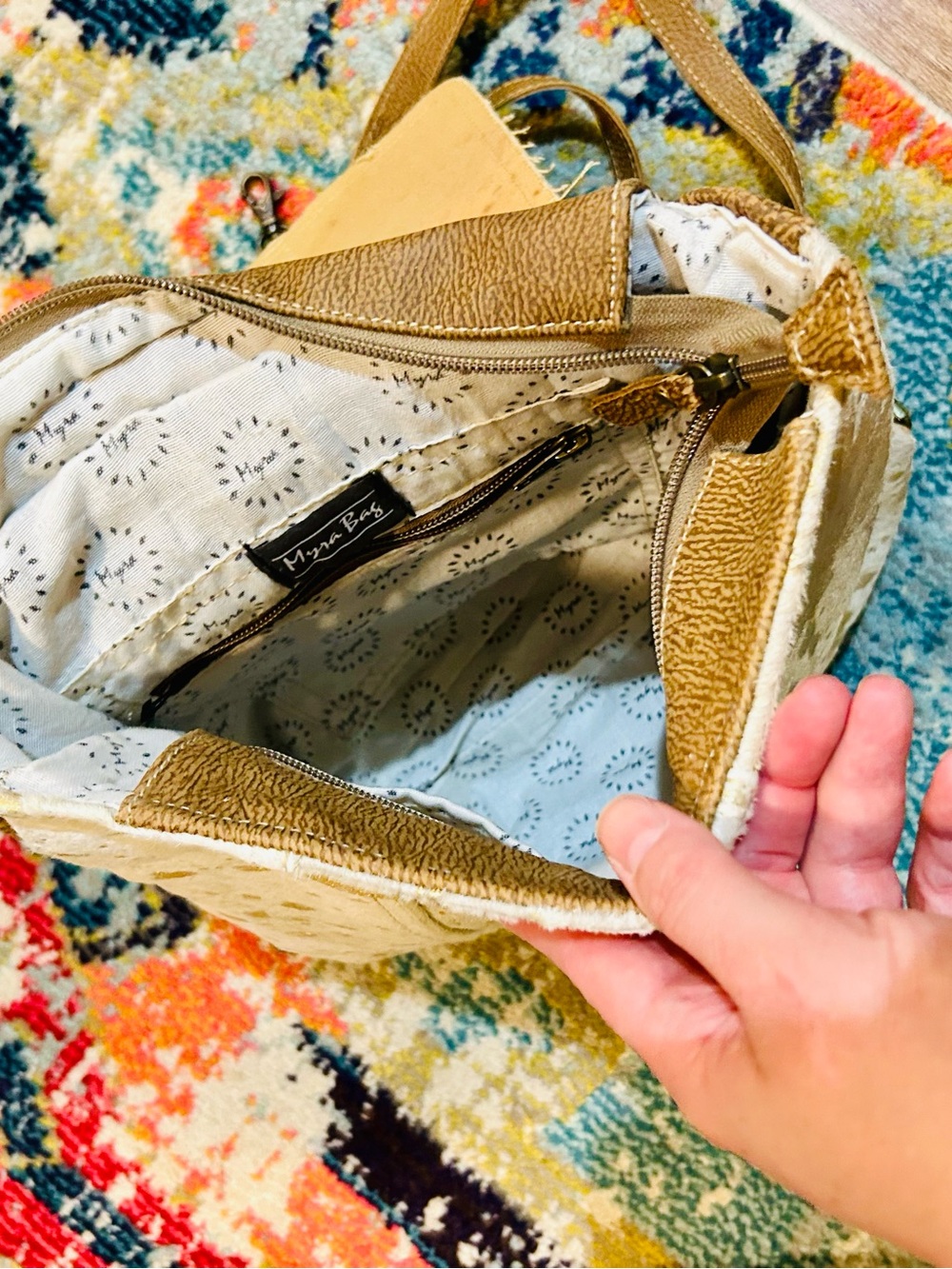 Myra Bag Stylish Crème & Gold Accent Backpack covered in Cowhide - Picture 3 of 3